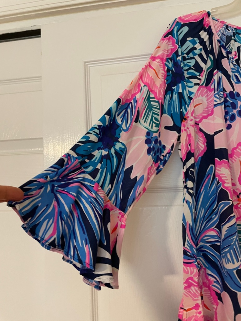 Lilly Pulitzer Pink Navy Blue Floral Bell-Sleeve Blouse - Picture 2 of 4